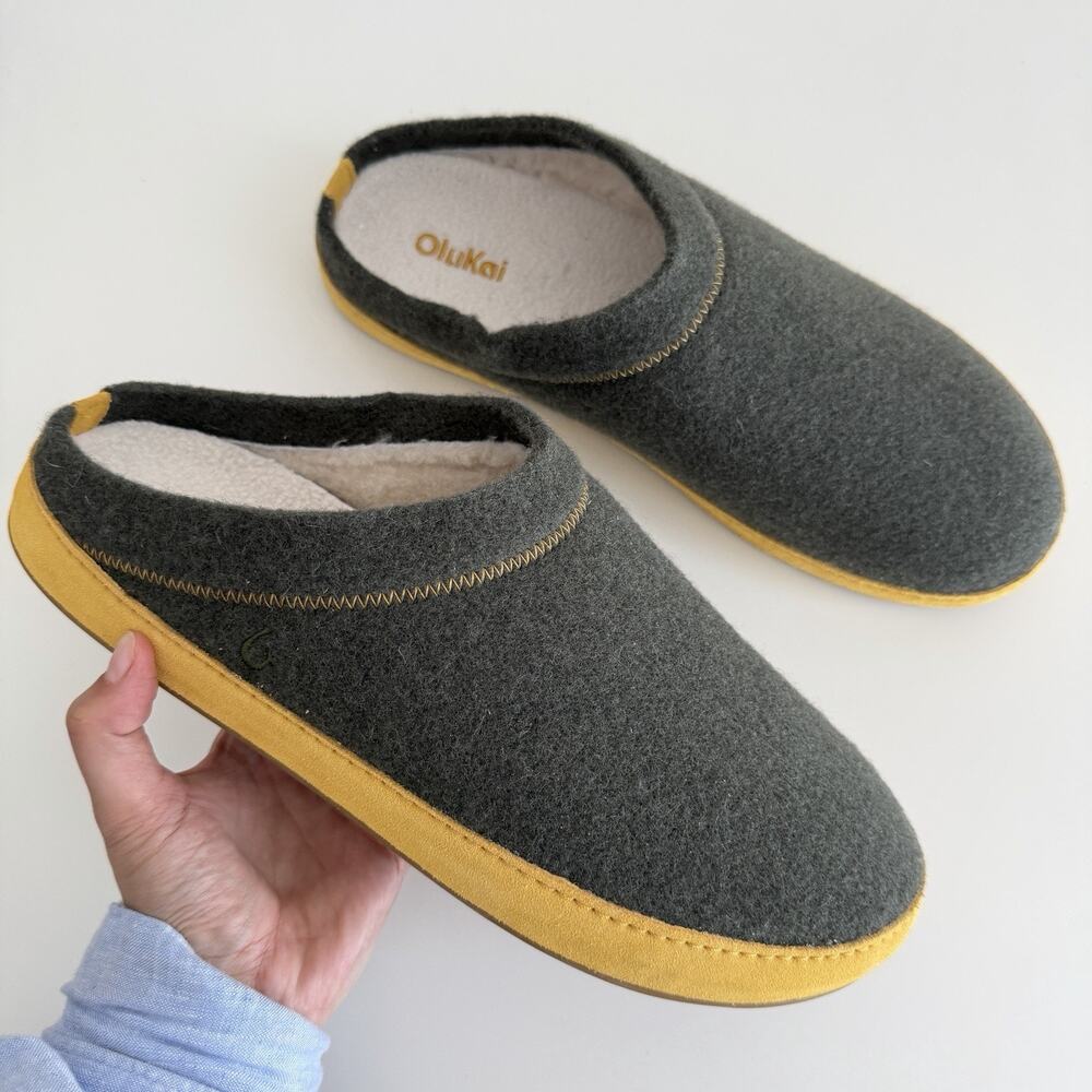 Olukai Hamani‎ Hulu Mens 12 Slippers Green Slip On Shoes Wool Warm Fuzzy Comfort
